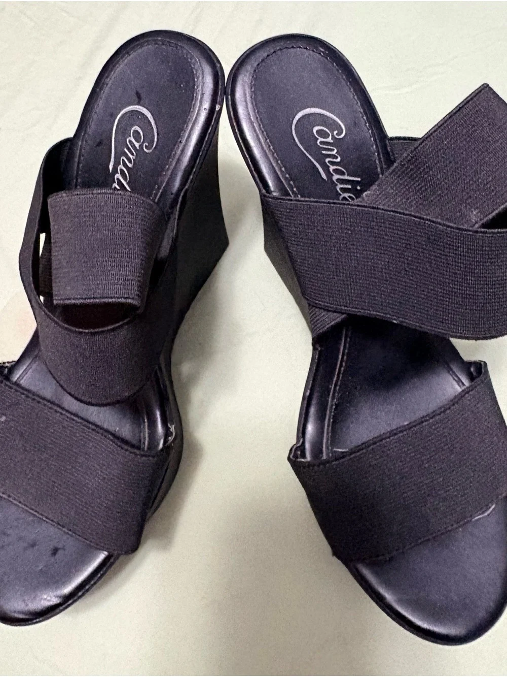 Candie's Black Elastic Cross-Strap Wedge Sandals